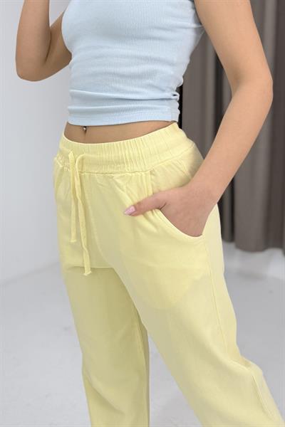Kanvas Cepli Bağcıklı Beli Lastikli Uzun Pantolon Sarı