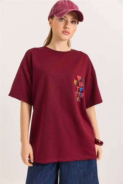 My Way Ön ve Arka Baskılı Rahat Kalıp Tshirt Bordo