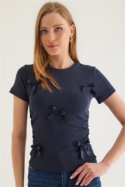 Kurdele Detaylı  Bisiklet Yaka Bluz Antrasit