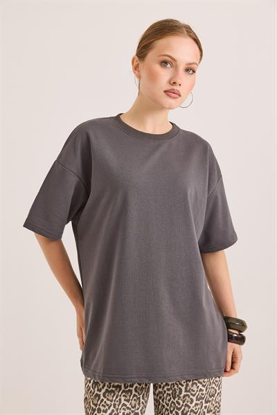 Oversize Bisiklet Yaka Basic Tshirt Füme