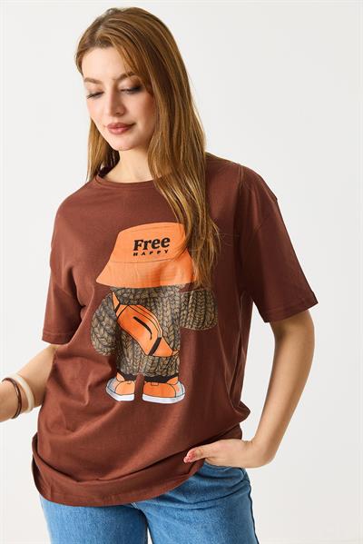 Kadın Baskılı Bisiklet Yaka Kısa Kol Tshirt Kahverengi