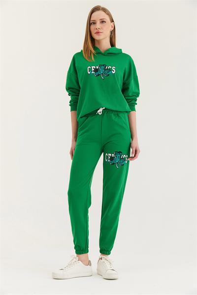 Kapüşonlu Baskılı Eşofman Takım Yeşil
