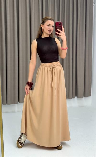 Kadın Beli Lastikli Bağcıklı Uzun Etek Vizon