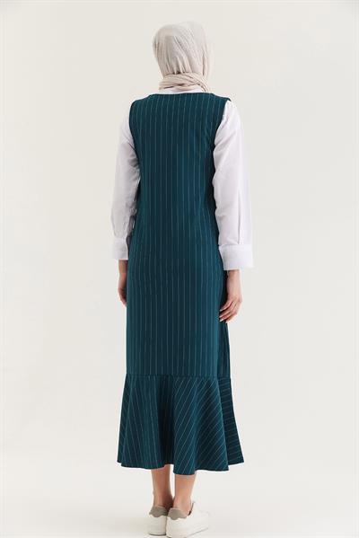 Çizgili Sıfır Kol Beli Kuşaklı Elbise Yeşil