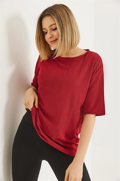 Bisiklet Yaka  Kısa Kol Basic Tshirt Bordo