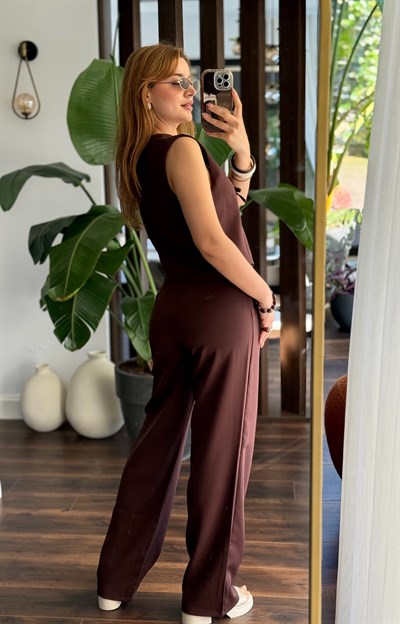 Kadın Bağlamalı Astarlı Yelek İkili Takım Kahverengi