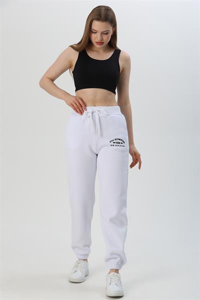 Paçası Lasitikli  Beli Kalın Lastikli Eşofman Altı Beyaz