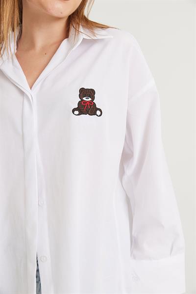 Ayıcık Nakışlı Oversize Basic Gömlek Beyaz