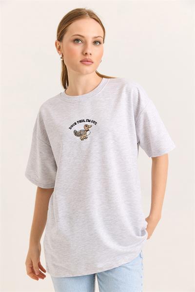 Duck Nakışlı Oversize İki İplik Tshirt  Gri