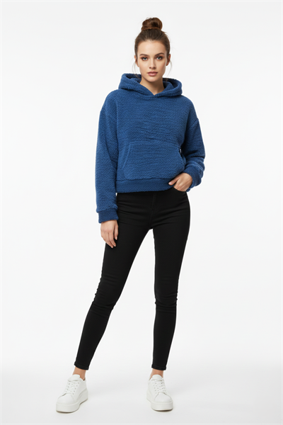 Kadın Kapüşonlu Welsoft Uzun Kollu Sweat Mavi