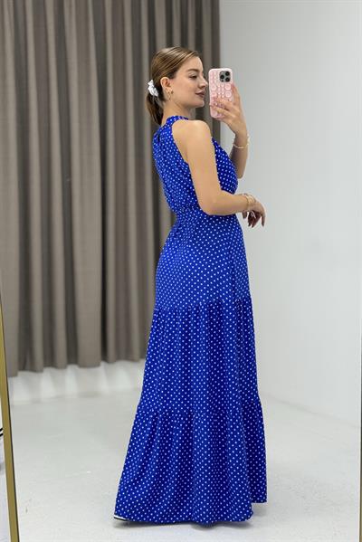 Yırtmaçlı  Beli Bağlamalı  Benek Desen Elbise  Saks