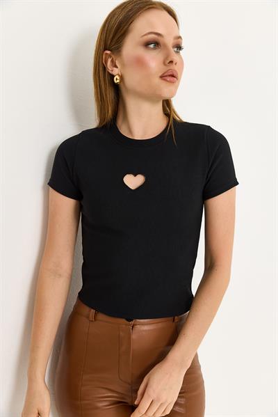 Kalp Detaylı Fitilli Örme Bluz Siyah
