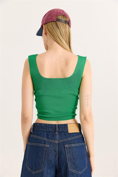  Kare Yaka Crop Triko Bluz Yeşil