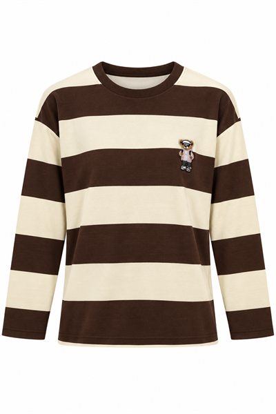 Kadın Uzun Kollu Çizgili Ayıcık Desenli Sweatshirt Kahve