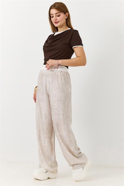 Kadın Desenli Beli Lastikli Bol Kesim Pantalon Bej 