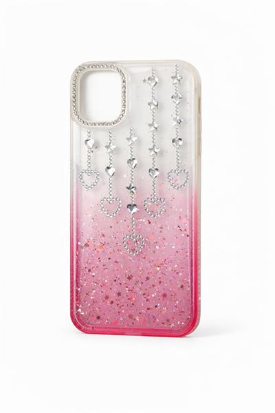 İphone 15 Uyumlu Şeffaf ve Pembe Geçişli Kalp-Yıldız Taşlı Kılıf
