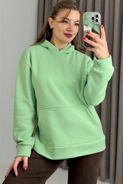 Üç İplik Su Yeşili Şardonlu Kangru Cepli Kapişonlu Sweat