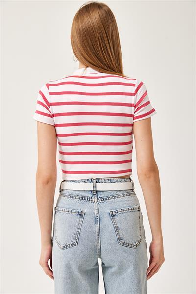 Çizgili Bisiklet Yaka Crop Bluz Pembe