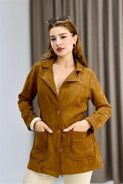 Kadın Beli Kuşaklı Çift Cep Süet Kaban / Ceket Taba