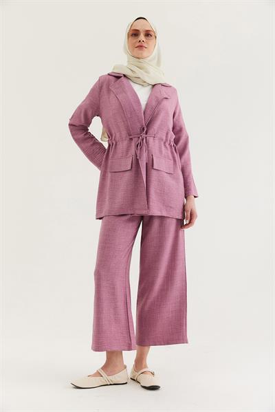 Bel Bağlamalı Ceketli Keten Takım Gül Kurusu