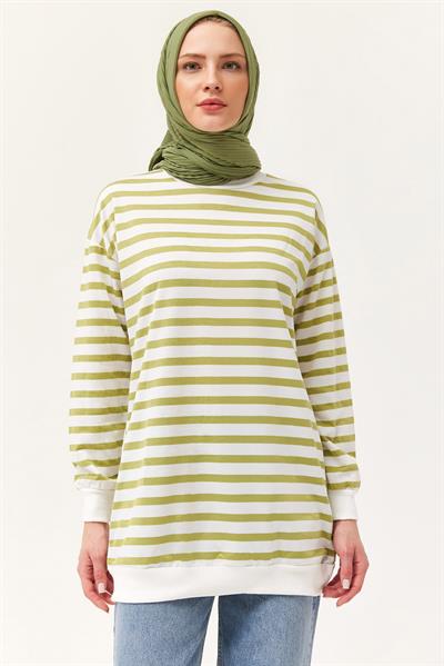Çizgili Oversize Tunik Açık Yeşil