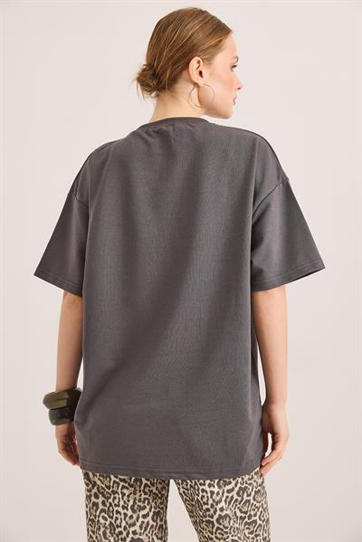 Oversize Bisiklet Yaka Basic Tshirt Füme