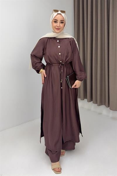 Kadın Beli Tünelli Düğmeli Uzun Tunikli İkili Takım Kahverengi