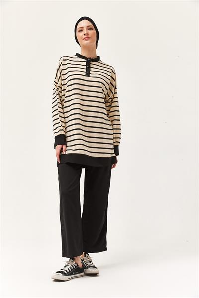 Yakası Düğmeli Çizgili İkili Takım Siyah