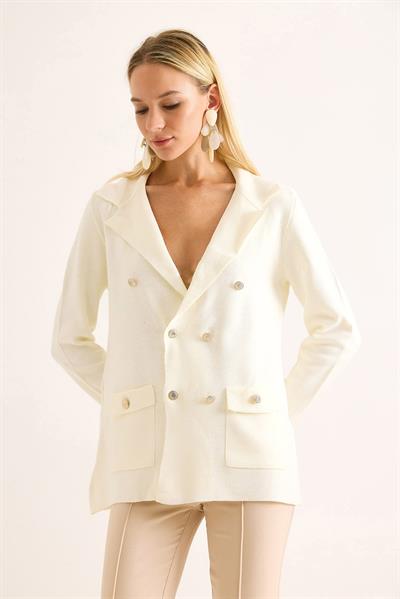 Blazer Triko Şık Düğmeli Ceket Beyaz