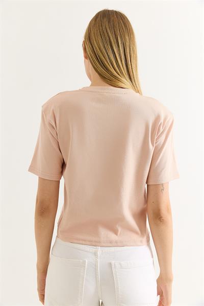 Vatkalı Bisiklet Yaka Basic Tshirt Pudra