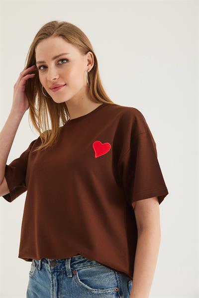 Bisiklet Yaka  Kısa Kol Basic Tshirt Kahve