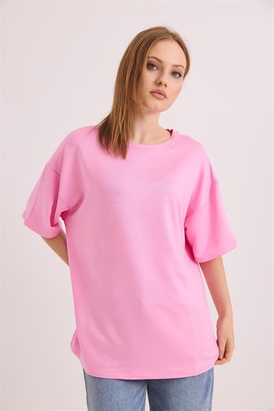 Oversize Yumuşak Dokulu Salaş T-Shirt Pembe
