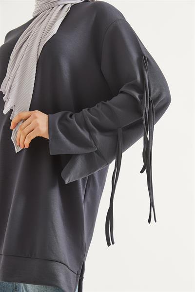Kolları Bağcık Detaylı Tunik Füme