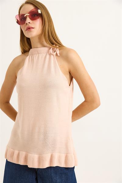 Boyundan Bağlamalı Triko Bluz Pudra