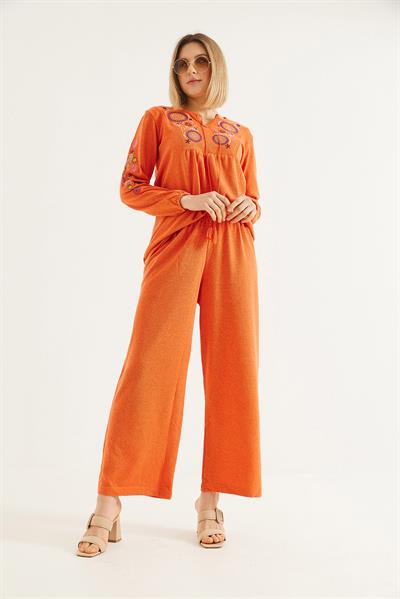 Hera Kumaş Önü ve Kolları İşlemeli İkili Takım Turuncu