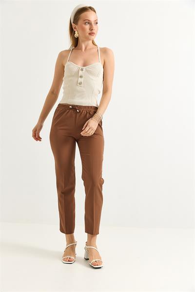 Beli Lastikli Kısa Paça Double Krep Pantolon Taba