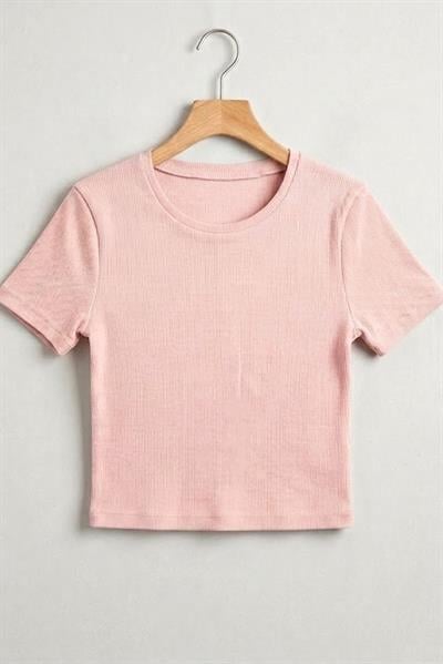 Kadın Bisiklet Yaka Kaşkorse Crop Bluz Pembe