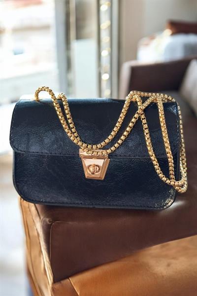 Gold Zincir Askılı Mini Vintage Deri Çanta Siyah