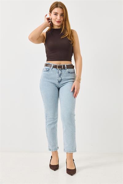 Kadın Mom Kemerli Kot Pantolon Açık Mavi