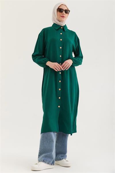 Keten Düğmeli Uzun Tesettür Tunik Yeşil