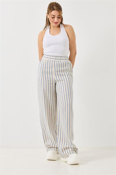 Çizgi Desenli Bol Paçalı Keten Pantolon Mavi