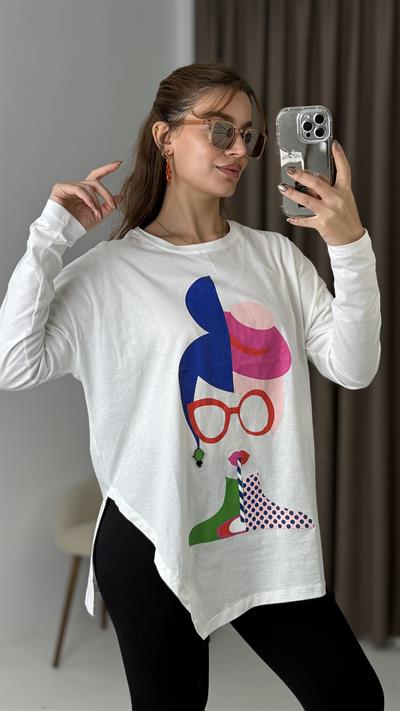 Kadın Beyaz Baskılı Büyük Beden Tshirt