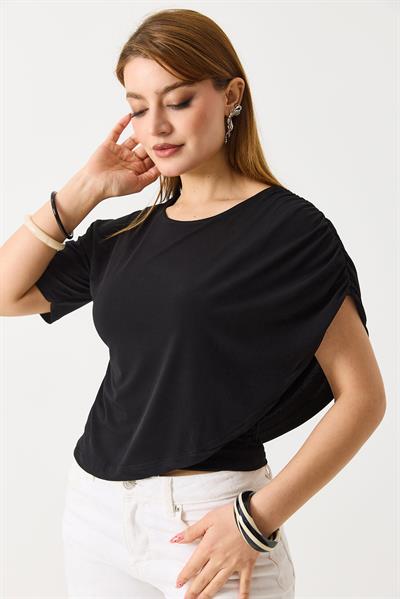 Kadın Sandy Pelerinli Yarım Kollu  Bluz Siyah