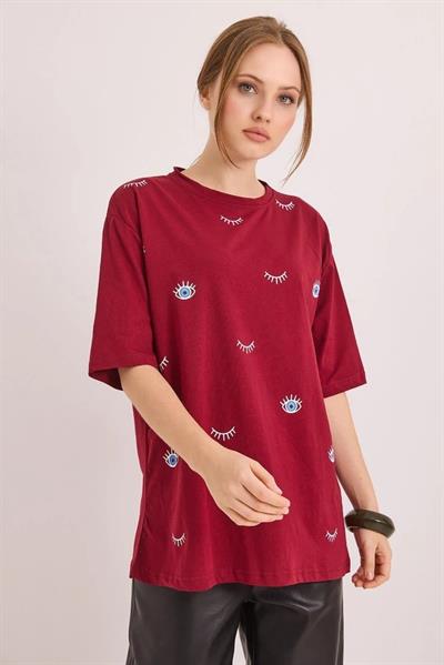 Kadın Bisiklet Yaka Göz Baskılı Oversize Tshirt Bordo