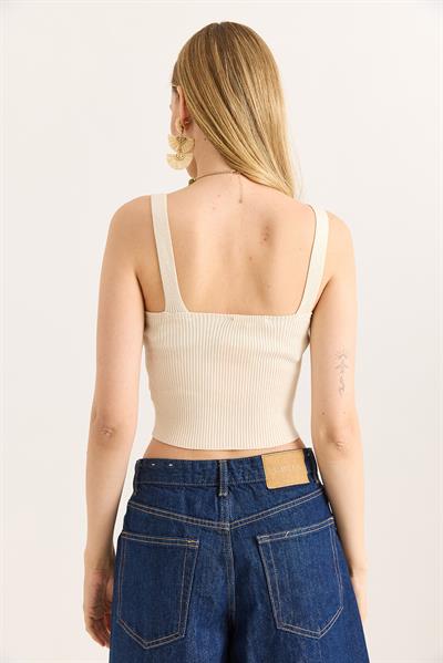 Gül Motifli Triko Crop Bluz Bej