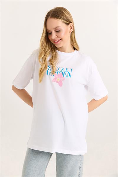 Ön Arka Baskılı Bisiklet Yaka Tshirt Beyaz