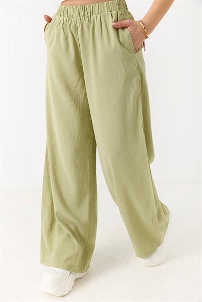 Kadın Taş Detaylı Bol Kesim Keten Görünümlü Pantolon Yeşil