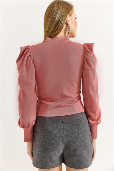 Kadın Hakim Yaka Prenses Kol Örme Bluz Pudra
