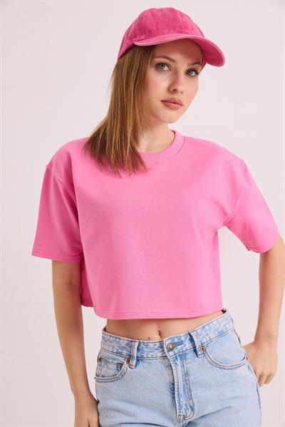 Bisiklet Yaka İki İplik Crop Bluz Pembe