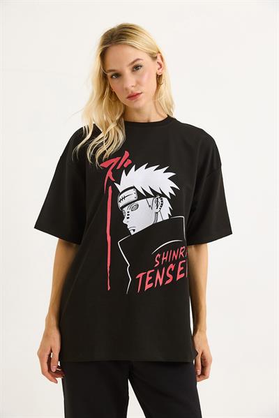 Baskılı Oversize Bisiklet Yaka Tshirt Siyah